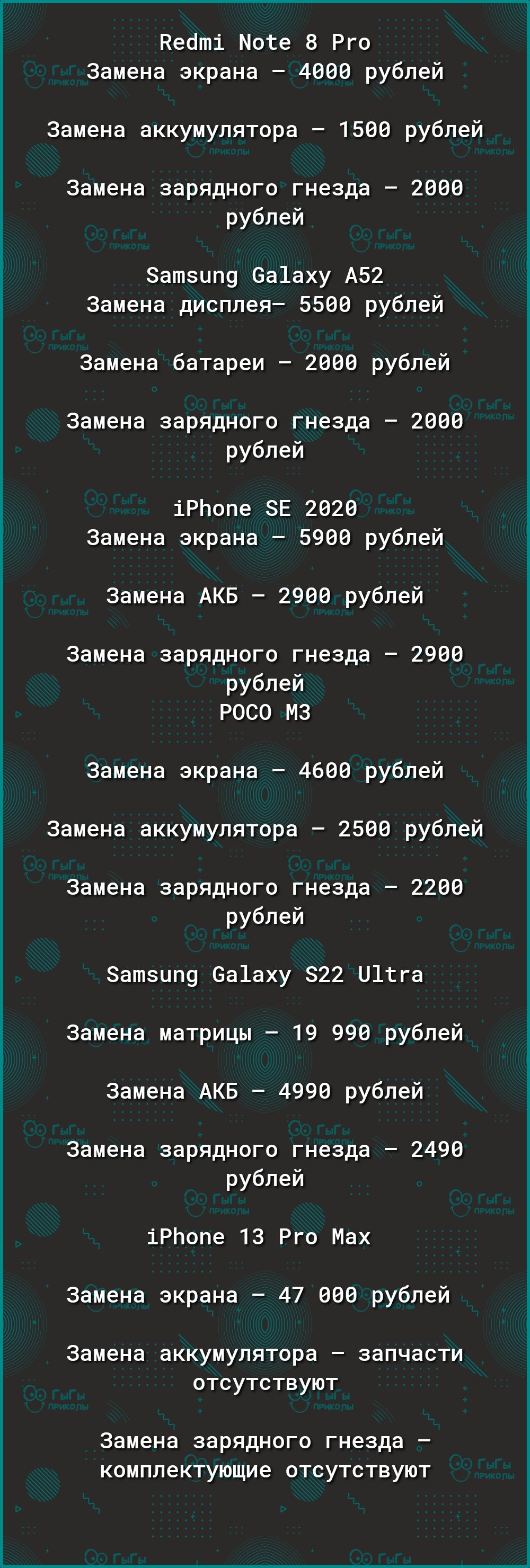 Кейті все В Рго Замена экрана 4868 рублей замена аккумулятора 1588 рублей Замена зарядного гнезда 2888 рублей Эатэипд 6а1аху А52 Замена дисплея 5568 рублей замена батареи 2888 рублей Замена зарядного гнезда 2888 рублей іРЬопе ЗЕ 2828 Замена экрана 5968 рублей Замена АКБ 2988 рублей Замена зарядного гнезда 2988 рублей РОСО ИЗ Замена экрана 4668 рублей замена аккумулятора 2588 рублей Замена зарядног