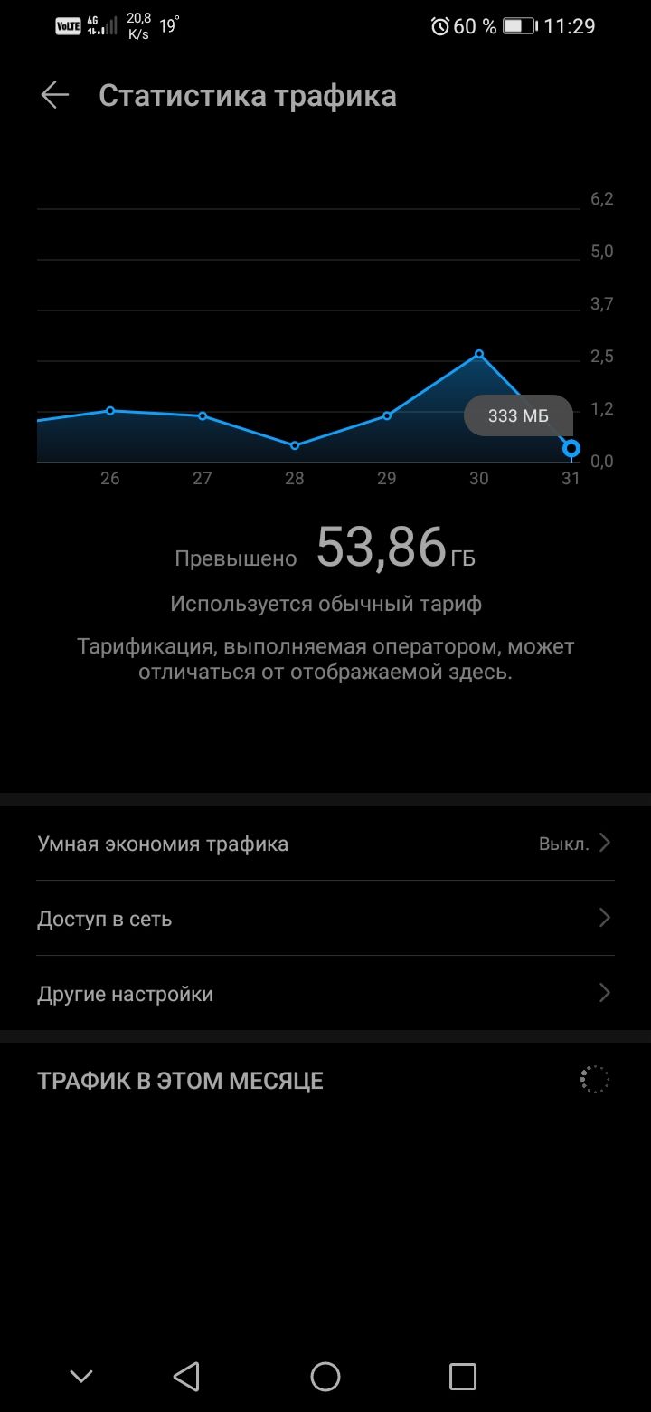мы п швах 31119 Статистика трафика 7 50 37 2 5 ч 7 п 75 17 в и ш и реш 5386 гв Используется пбычиый тариф Тарификация выполняемая оператором может отличаться от отображаемой здесь Умная экономия трафика Выкл доступ в сеть другие настройки ТРАФИК в этом месяце