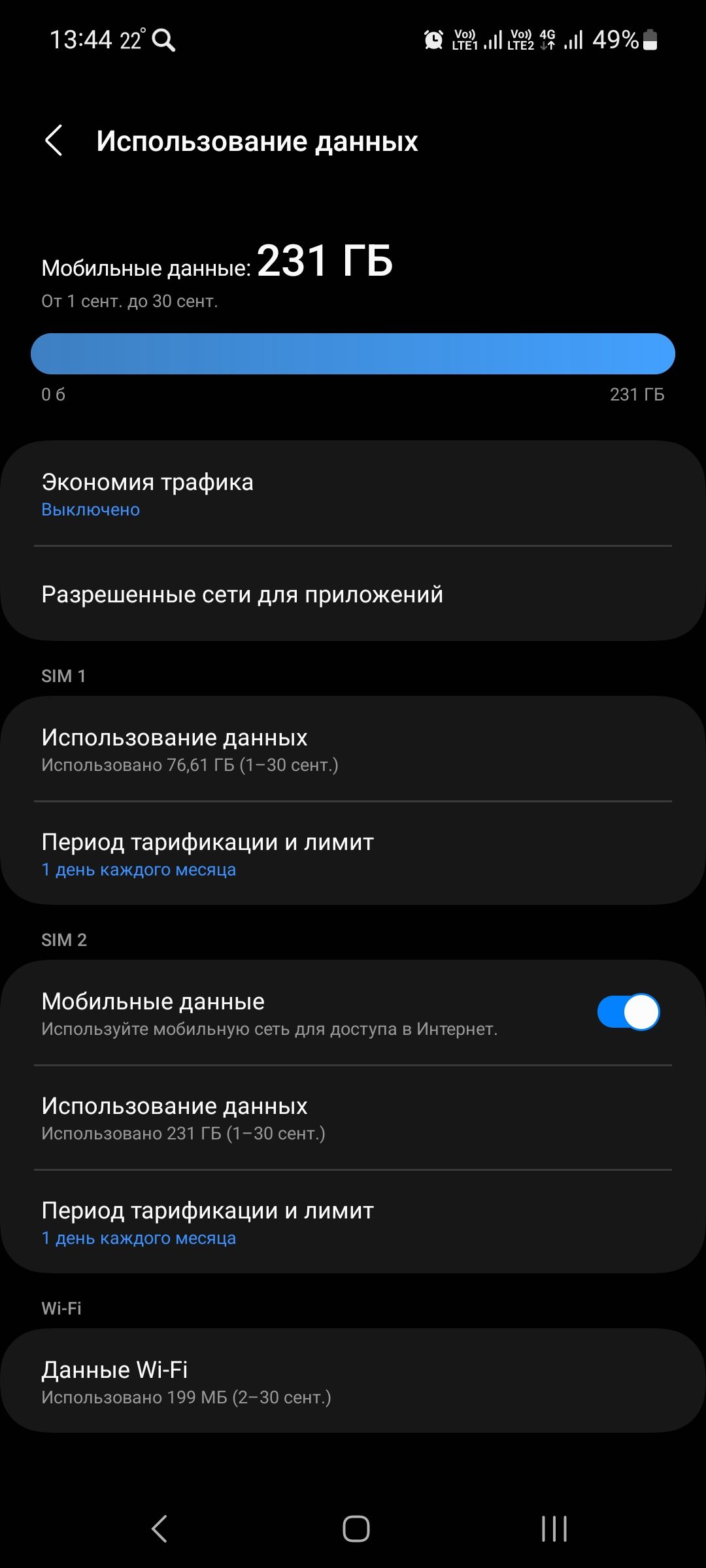 1344 ПЧ ътги 49 Использоваиие данных Мобильные данные 231 ГБ сэт до за пет щ Экономия графика выключено Разрешенные сети для приложений ымч Использование данных Испалатаааиа а и гв и зп за Периид тарификации и лимит т ддатииаиии ым 2 мобильные данные изиип машины ук а дм пвсгупн п Использование данных испол зонами ш гв 30 Период тарификации и лимит ииа М и Данные шггі Ивппльапинп м5 2 за а