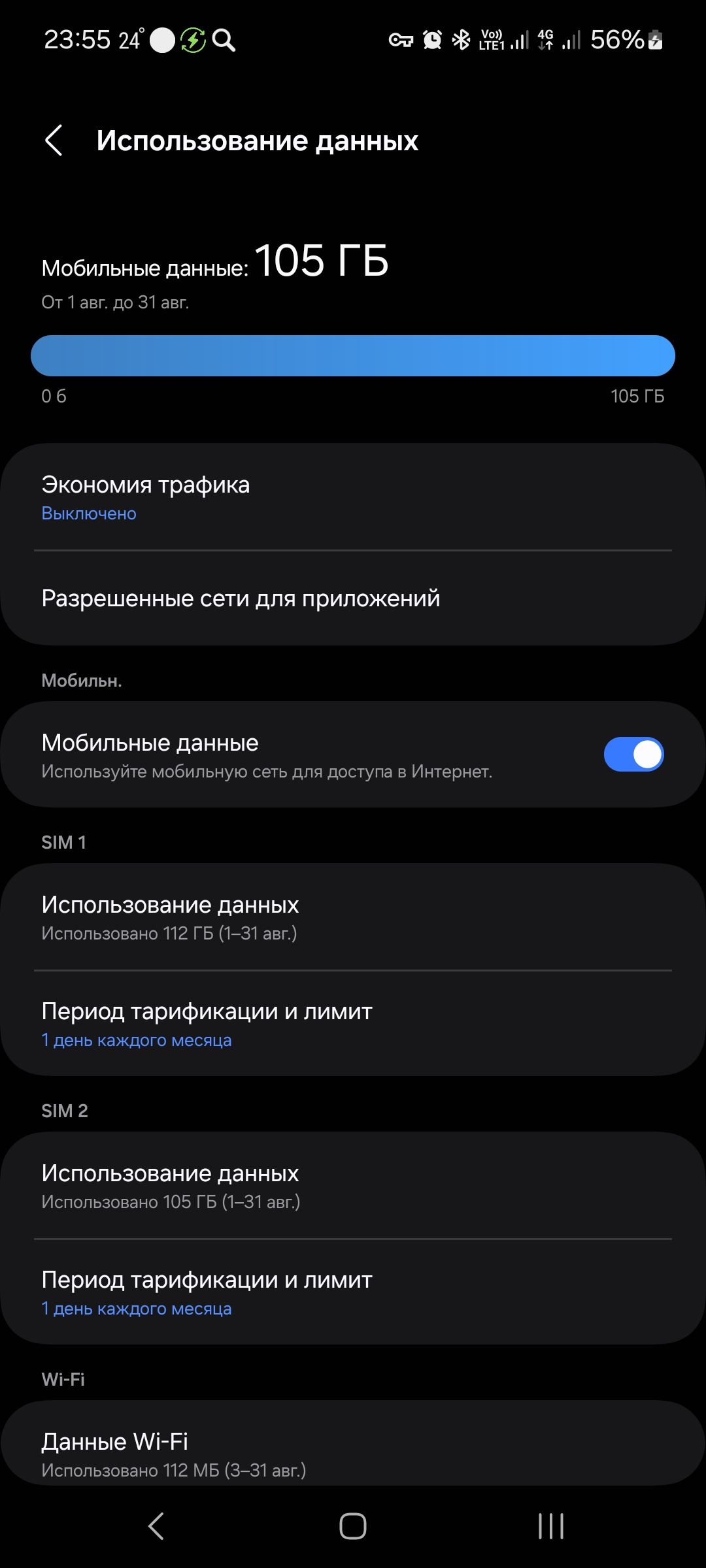 2355 2 Ф ее 8 56 Использование данных Мобильные данные 105 ГБ От1авгдо 31 авг об 105 ГБ Экономия трафика Выключено Разрешенные сети для приложений Мобильн Мобильные данные Используйте мобильную сеть для доступа в Интернет змт Использование данных Использовано 112 ГБ 1 31 авг Период тарификации и лимит Т день каждого месяца эм2 Использование данных 