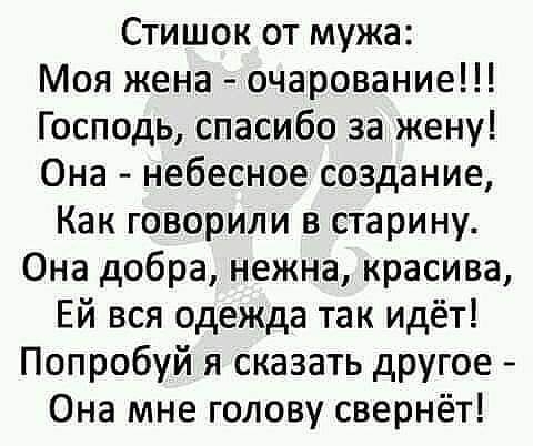 Стишок от мужа Моя жена очарование Господь спасибо за жену Она небесное создание Как говорили в старину Она добра нежна красива Ей вся одежда так идёт Попробуй я сказать другое Она мне голову свернёт