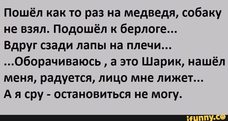 Пошёл как то раз на медведя собаку не взял Подошёл к берлоге Вдруг сзади лапы на плечи Оборачиваюсь а это Шарик нашёл меня радуется лицо мне лижет А я сру остановиться не могу