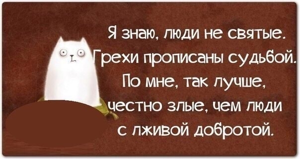 Я знаю люди не святые рехи прописаны судьбой По мне так лучше цестно зпые чем люди с лживой добротой