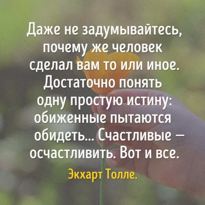 Даже не задумывайтесь почему же человек сделал вам то или иное Достаточно понять одну простую истину обиженные пытаются обидеть Счастливые осчастливить Вот и все Экхарт Толле
