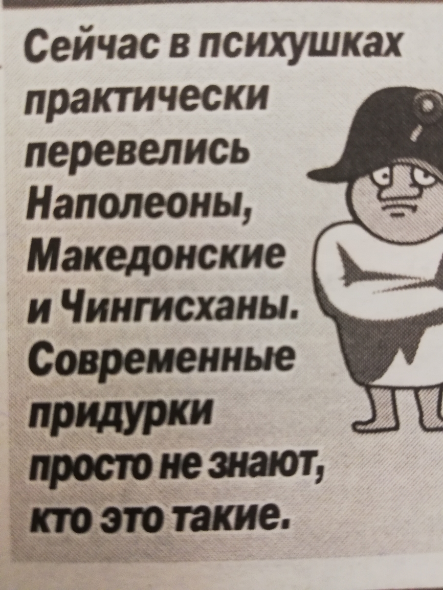 Сейчас в психушках практически перевелись Наполеоны Македонские и Чннгисханы Современные топает