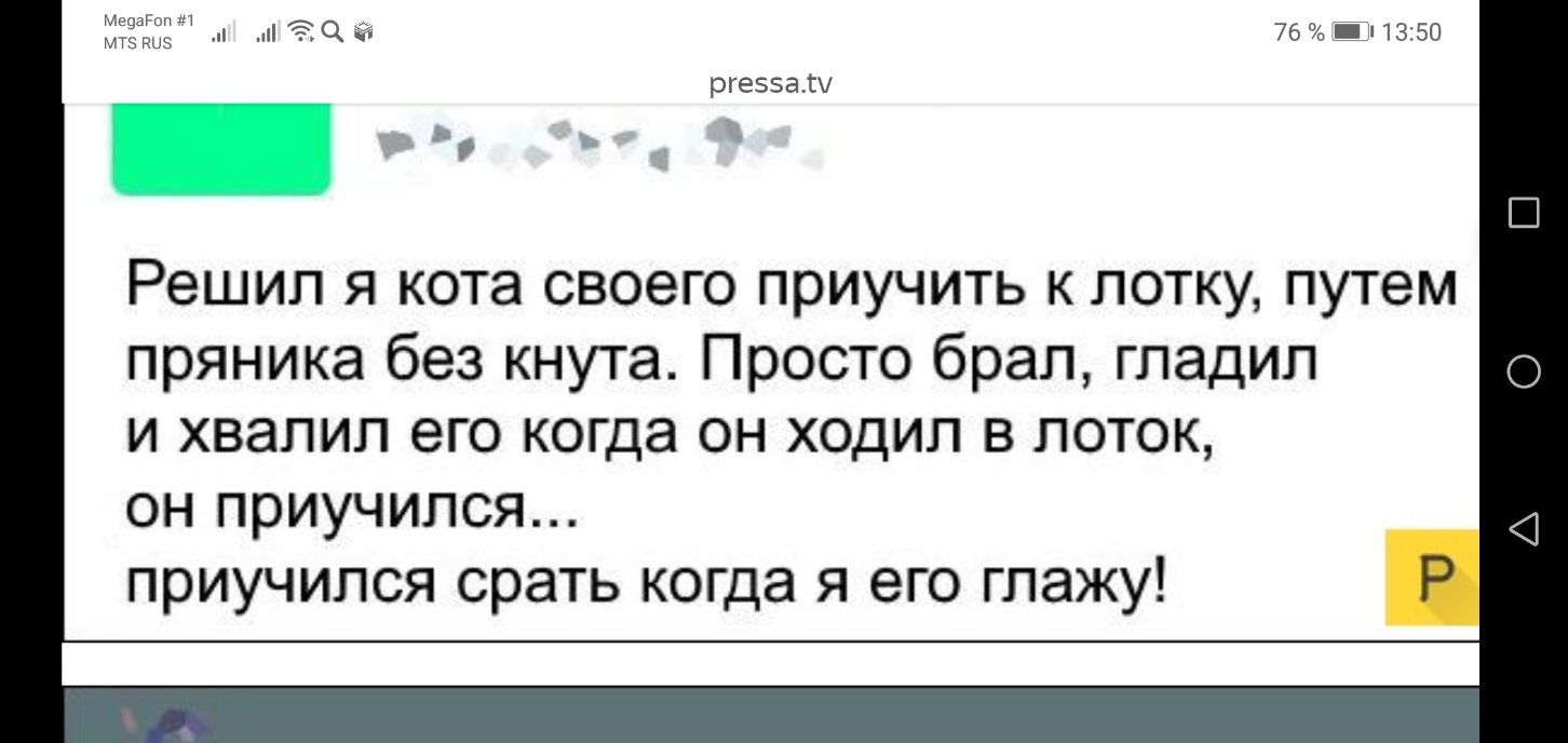 950 Ц 76 Ё13250 мтв 5 ргеззаіу Решил я кота своего приучить к лотку путем пряника без кнута Просто брал гладил и хвалил его когда он ходил в поток он приучился приучился срать когда я его глажу Р