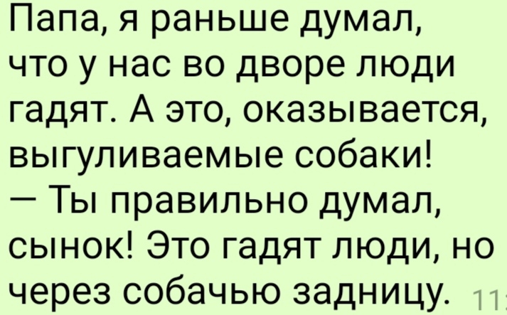 Папа я раньше думал что у нас во дворе люди гадят А это оказывается выгуливаемые собаки Ты правильно думал сынок Это гадят люди но через собачью задницу