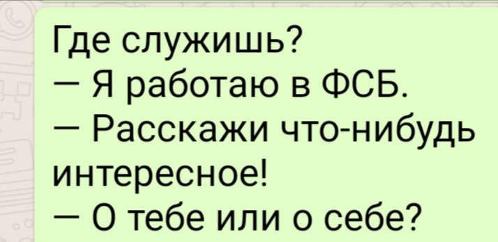 Где служишь Я работаю в ФСБ Расскажи что нибудь интересное О тебе или о себе