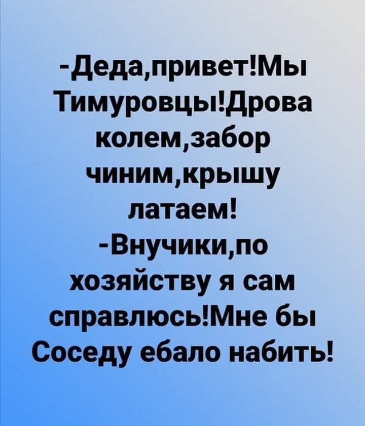 дедаприветМы Тимуровцыдрова колемзабор чинимкрышу патаем Внучикипо хозяйству я сам справлюсьМне бы Соседу ебало набить