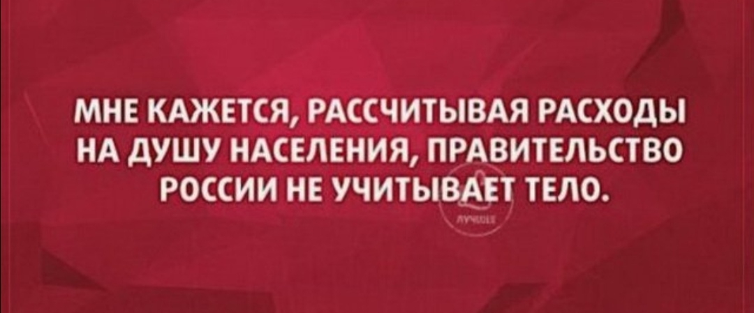 МНЕ КАЖЕТСЯдРАССЧИТЫВАЯ РАСХОДЫ НА душу НАСЕЛЕНИЯ ПРАВИТЕЛЬСТВО РОССИИ НЕ УЧИТЫВАЕТ ТЕЛО