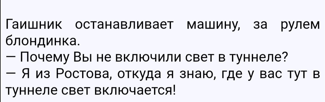 Гаишник останавливает МЭШИНУ за рулем блондинка Почему Вы не включили свет в туннеле Я из Ростова откуда я знаю где у вас тут в туннеле свет включается