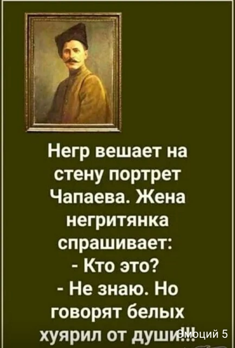 Негр вешает на стену портрет Чапаева Жена негритянка спрашивает Кто это Не знаю Но говорят белых хуярил от душищий 5