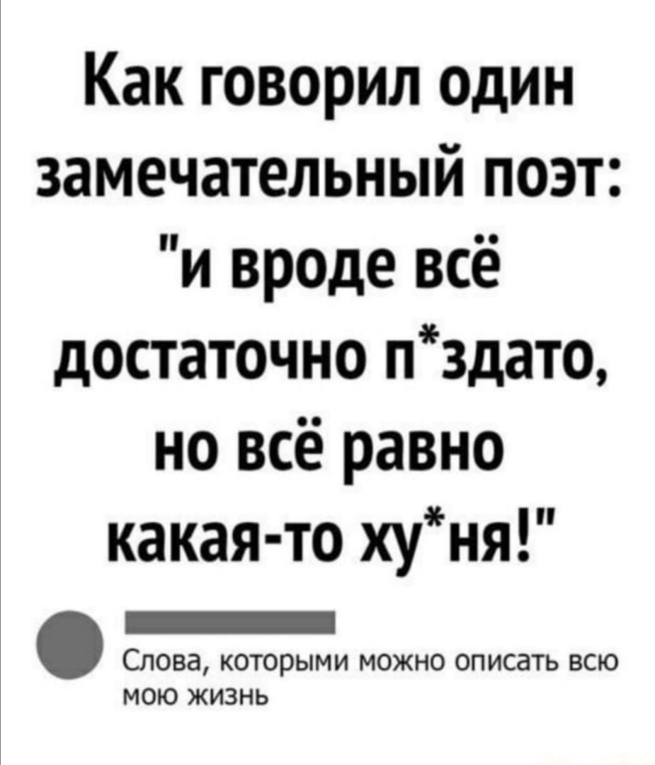 Как говорил один замечательный поэт и вроде всё достаточно пздато но всё равно какая то хуня СЛОВЗ КОТОРЫМИ МОЖНО ОПИСЭТЬ ВСЮ МОЮ ЖИЗНЬ