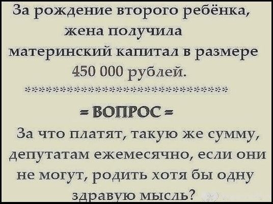 За рождение второго ребёнка жена получила материнский капитал в размере 450 000 рублей ВОПРОС За что платят такую же сумму депутатам ежемесячно если они не могут родить хотя бы одну мысль