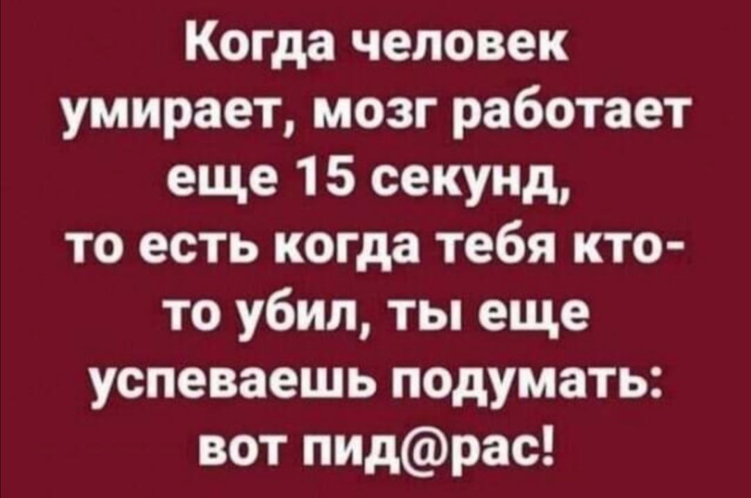 Когда человек умирает мозг работает еще 15 секунд то есть когда тебя кто то убил ты еще успеваешь подумать вот пидрас