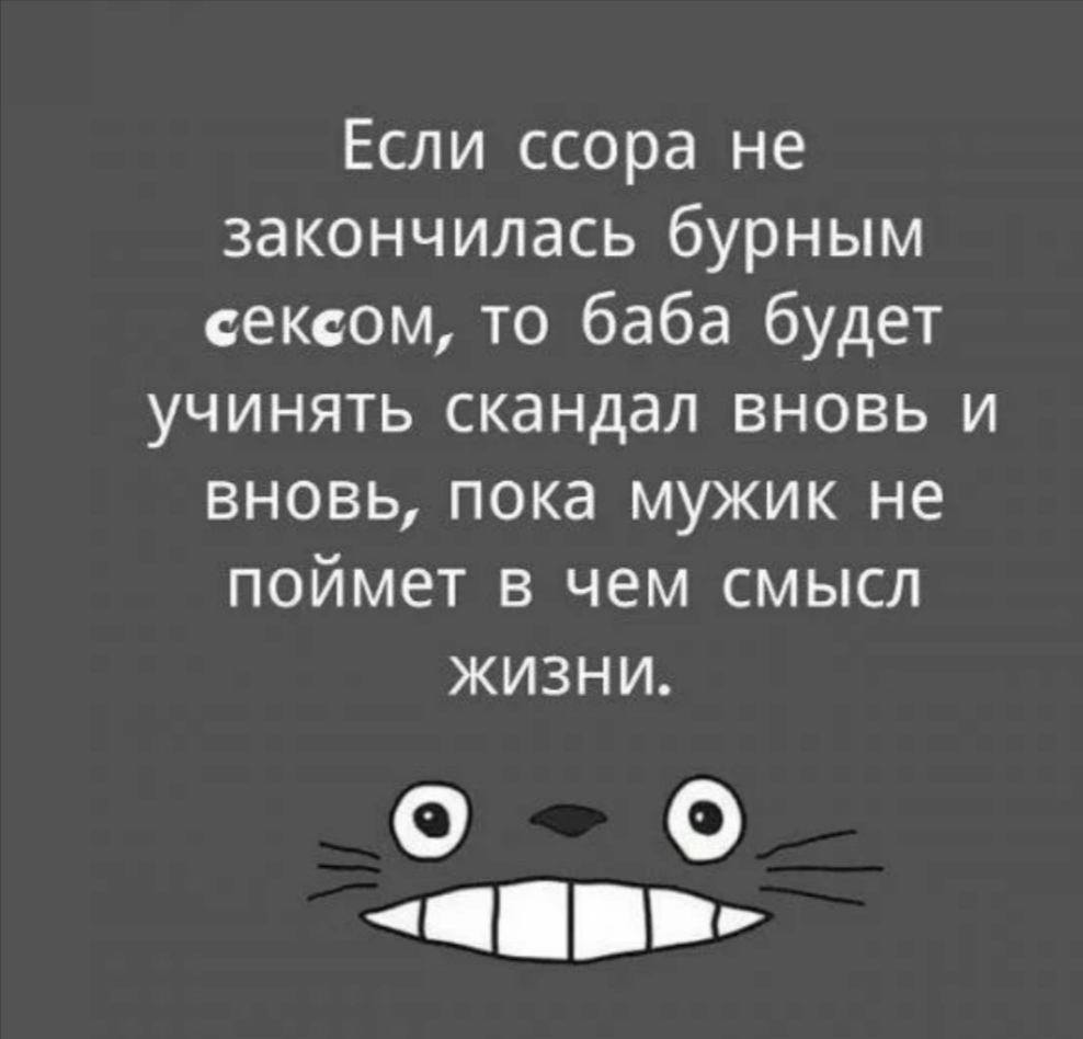 Если ссора не закончилась бурным сексом то баба будет учинять скандал вновь и вновь пока мужик не поймет в чем смысл жизни о о