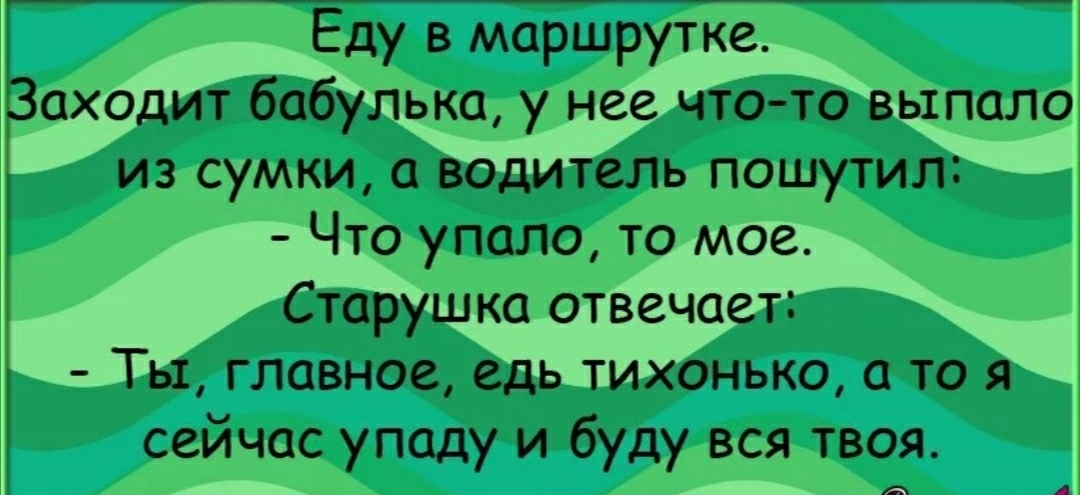 Еду в маршрутке аходит бабулька у нее что то выпало из сумки а водитель пошутил Что упало то мое Старушка отвечает Ты главное едь тихонько а то я сейчас упаду и буду вся твоя