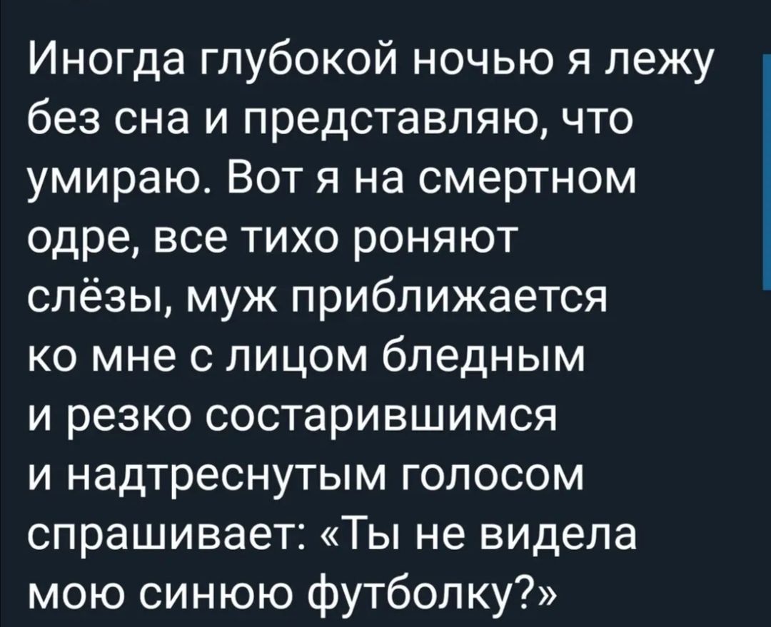 Иногда глубокой ночью я лежу без сна и представляю что умираю Вот я на смертном одре все тихо роняют слёзы муж приближается ко мне с лицом бледным и резко состарившимся и надтреснутым голосом спрашивает Ты не видела мою синюю футболку