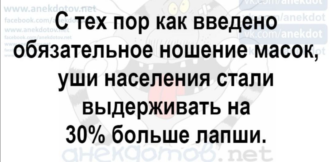 С тех пор как введено обязательное ношение масок уши населения стали выдерживать на 30 больше лапши
