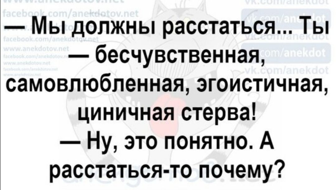 Мы должны расстаться Ты бесчувственная самовлюбленная эгоистичная циничная стерва Ну это понятно А расстаться то почему