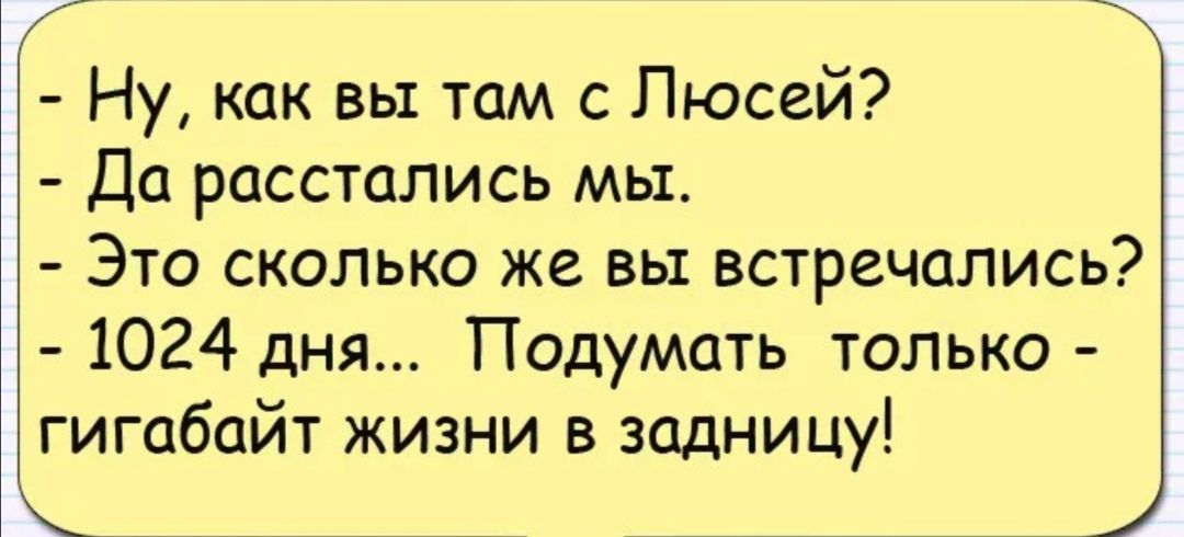 Ну как вы там с Пюсей Да расстались мы Это сколько же вы встречались 1024 дня Подумать только гигабайт жизни в задницу