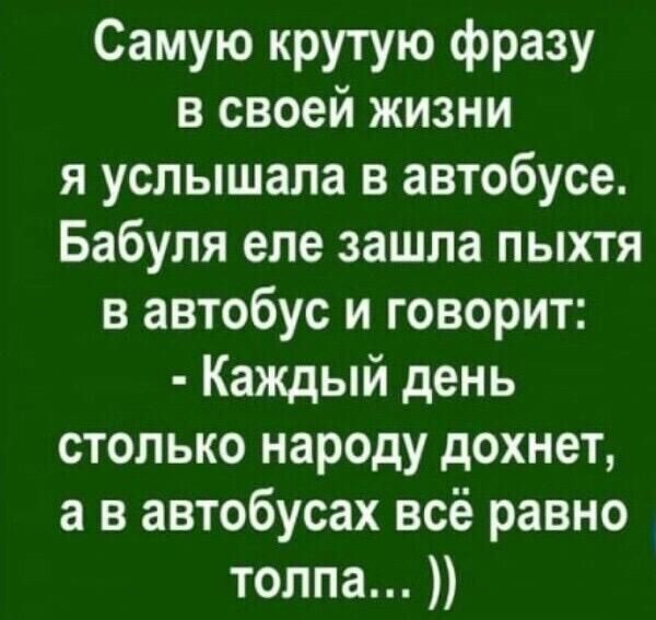 Самую крутую фразу в своей жизни я услышала в автобусе Бабуля еле зашла пыхтя в автобус и говорит Каждый день столько народу дохнет а в автобусах всё равно толпа