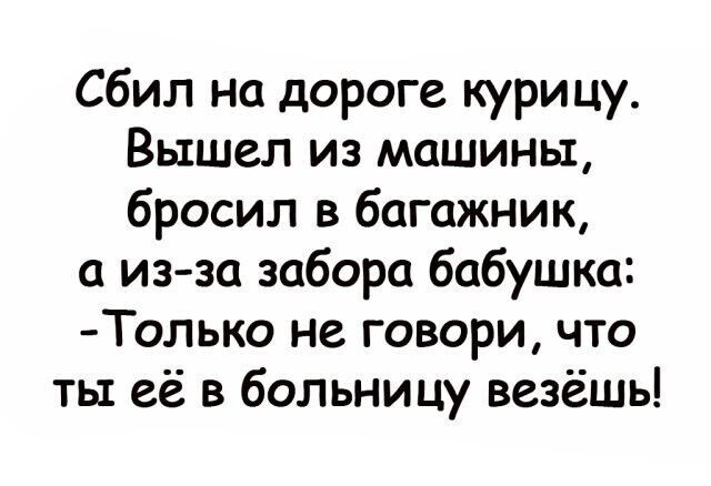 Сбил на дороге курицу Вышел из машины бросил в багажник из за забора бабушка Только не говори что ты её в больницу везёшь