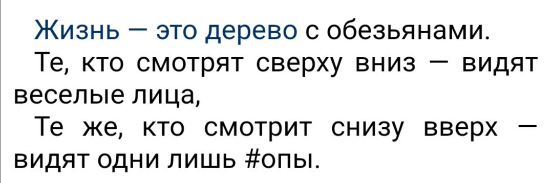 Жизнь это дерево обезьянами Те кто смотрят сверху вниз видят веселые лица Те же кто смотрит снизу вверх видят одни лишь опы