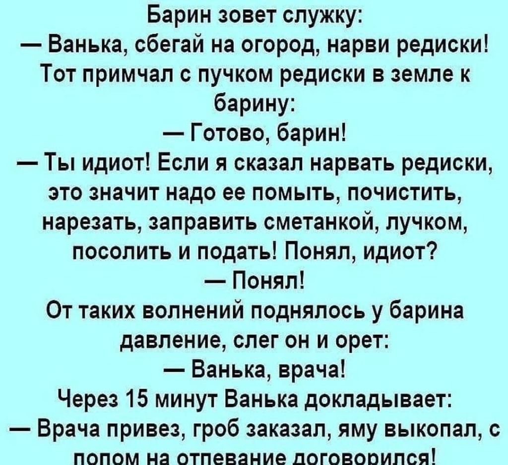 Русский ванька текст. Барин зовет служку анекдот. Ванька сбегай на огород Нарви редиски. Шутки про барина. Анекдот про барина.