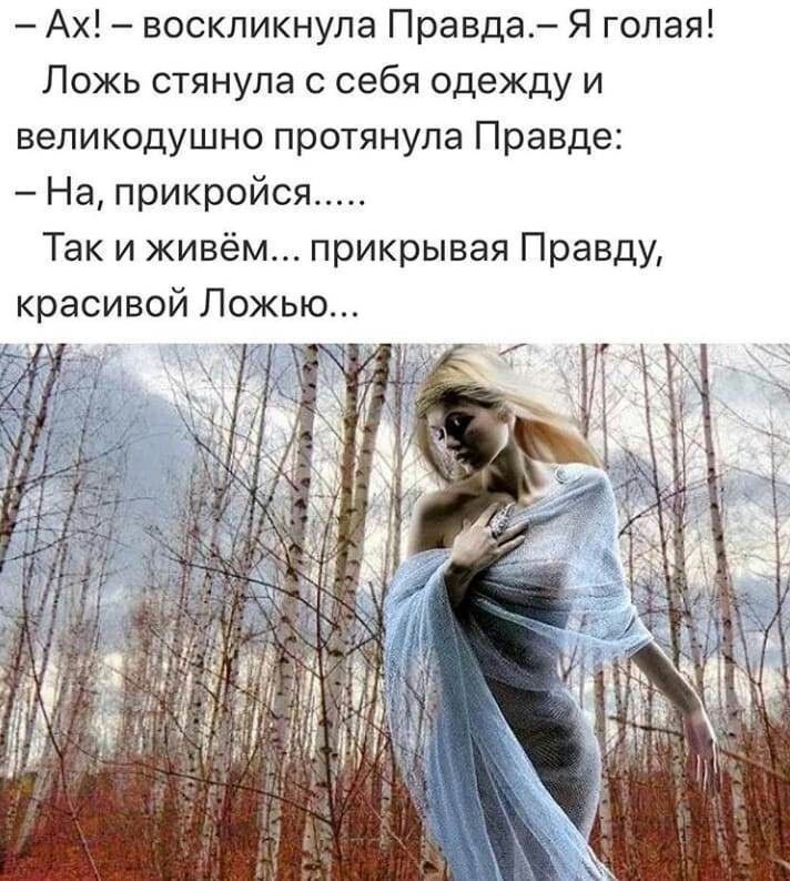 Ах воскликнула Правда Я голая Ложь стянула с себя одежду и великодушно протянула Правде На прикройся Так и живём прикрывая Правду