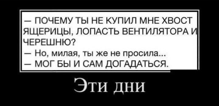 ПОЧЕМУ ТЫ НЕ КУПИЛ МНЕ ХВОСТ ЯЩЕРИЦЫ ПОПАСТЬ ВЕНТИЛЯТОРА чергшню7 Но милая ты же не просила мог вы и САМ ДОГАДАТЬСЯ Эти дни