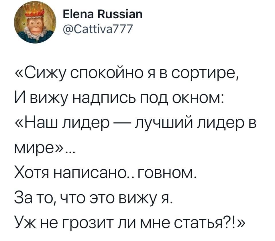 Еепа Кцззіап Сассіуа777 Сижу спокойно я в сортире И вижу надпись под окном Наш лидер лучший лидер в мире Хотя написано говном За то что это вижу я Уж не грозит ли мне статья