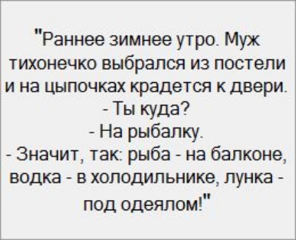 Раннее зимнее утро Мух тихонечко выбрался из постели и на цыпочках крадется к двери Ты куда На рыбалку Значит так рыба на балконе водка в холодильнике лунка под одеялом