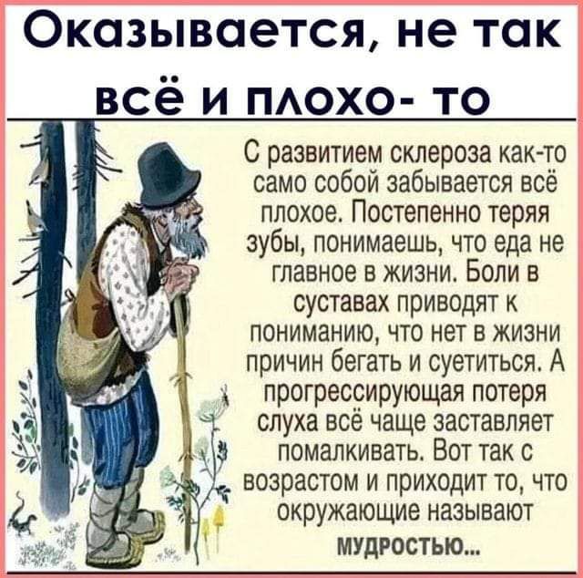 Оказывается не так всё и ПАОХО то С развитием склероза как то само собой забывается всё плохое Постепенно теряя зубы понимаешь что еда не главное в жизни Если в суставах приводят к пониманию то нет в жизни причин бегать и суетиться А прогрессирующая потеря слуха всё чаще застаепяет помалкивать Вот так с возрастом и приходит то что окружающие называют МУДРОСТЬЮ