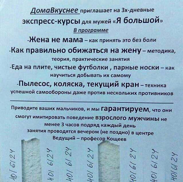ДомаВкиснее приглашает на Зх дневные экспресскурсы для мужей Я большой В программе Жена не мама как принять это без боли Как правильно обижаться на жену методика теория практические занятия Еда на плите чистые футболки парные носки как научиться добывать их самому Пылесос коляска текущий кран техниа успешной самообороны даже против нескольких противников Приводите ваших мальчиков и мы Гарантируем 