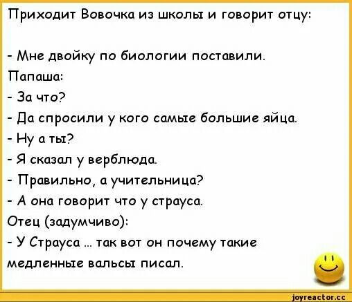 Приходит Вовочка из школы и говорит отцу Мне двойку по биологии поставили Папаша За что Да спросили у кого самые большие яйца Ну а ты Я сказал у верблюда Правильно а учительница А она говорит что у страуса Отец задумчиво У Страуса так вот он почему такие медленные вальсы писал