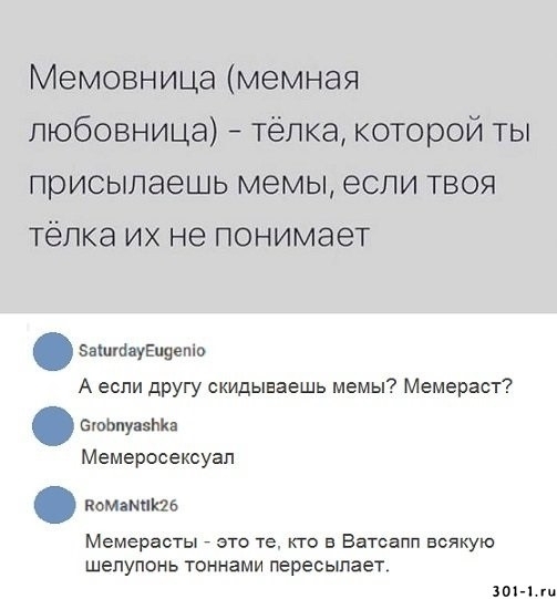 Мемовница мемная любовница Тёлка которой ты присылаешь мемы если твоя Тёлка их не понимает эаіптауЕщдепіо А если другу скидываешь мемы Мемераст БюЬпуаэпКа Мемеросексуап затемнить Мемерасты это те кто в Ватсапп всякую шепупонь ТОННЭМИ пересылает Эй