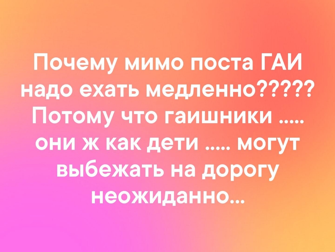 Почему мимо поста ГАИ надо ехать медленно Потому что гаишники оми ж как дети могут выбежать на дорогу ноожиланно