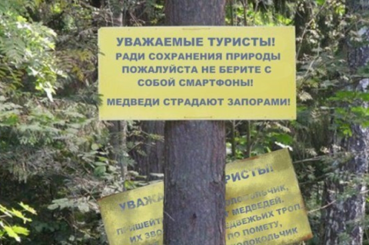 _ _ ь УВАЖАЕМЫЕ ТУРИСТЫ _д 1 РАДИ СОХРАНЕНИЯ ПРИРОДЫ __ ПОЖАЛУЙСТА НЕ БЕРИТЕ С совои смдгтооиьп МЕДВЕДИ СТРАДАЮТ ЗАПОРАМИ
