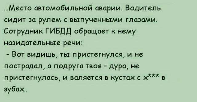 Мгсто автомобильной аварии Водитель сидит за рулем выпученными глазами Сотрудник ГИБДД обращает нему НОЗИДОТЗПЬНЫВ речи Вот видишь ты пристегнулся и не пострадал и подруга твоя дура не пристегнулась и валяется в кустах х в зуба