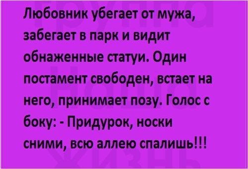 Любовник убегает от мужа забегает в парк и видит обнаженные статуи Один постамент свободен встает на него принимает позу Голос с боку Придурок носки сними всю аллею спалишь