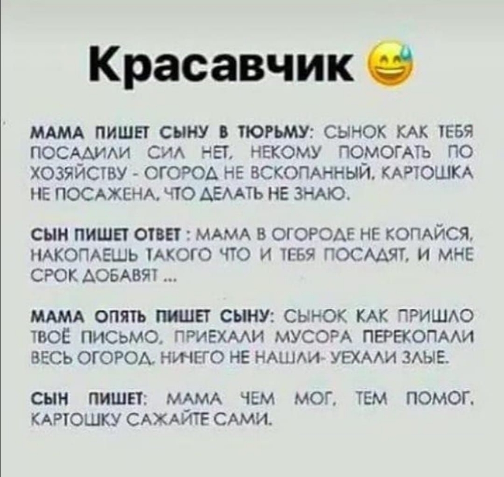Красавчик О МАМА пишет сыну в тюрьму сынок кАк гевя посмиихи см нет некому ПОМОГАТЬ по хозяйству ОГОРОА не вскомнный КАРТОШКА не посикженм что Аемть не ЗНАЮ сын пиши ответ МАМА в огороде не КОПАЙСЯ НАКОПАЕШЬ Акого что и тевя посмяп и мне СРОК АовАвт МАМА опять пиши сыну сынок КАК пришю твое письмо приехми МУСОРА ПЕРЕКОПААИ весь ОГОРОА ничего не НАШАИ уехми мые СЫН ПИШЕТ МАМА ЧЕМ МОГ ТЕМ ПОМОГ КАРЮ