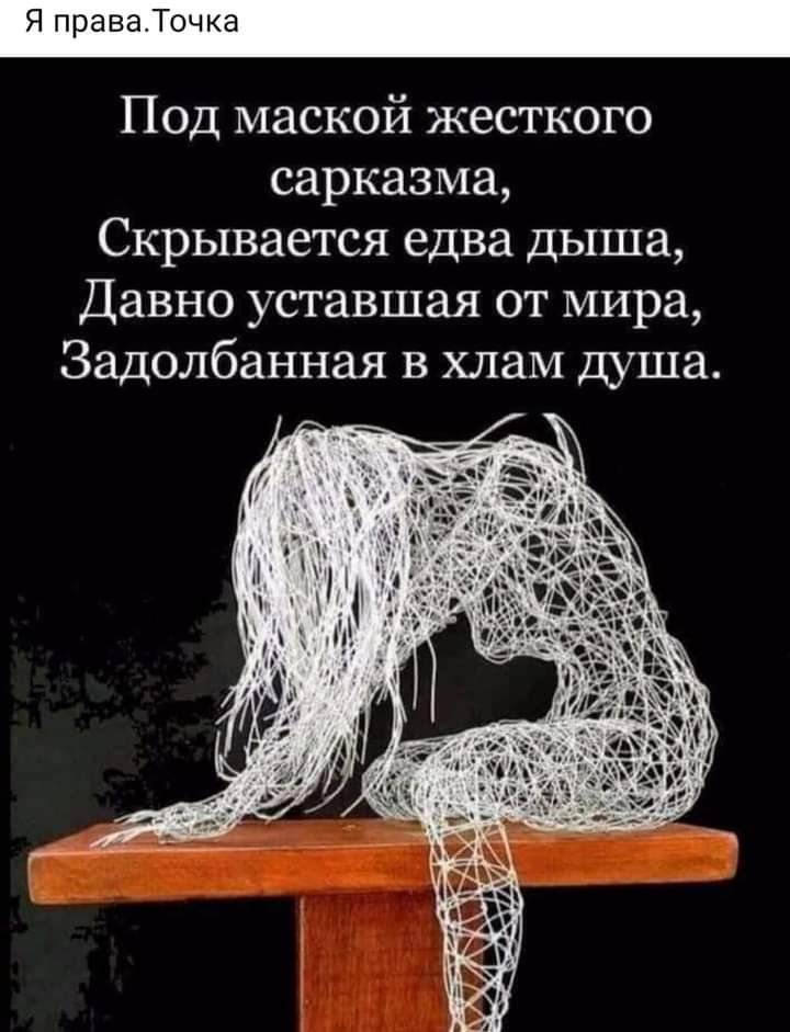 Под маской жесткого сарказма Скрывается едва дыша Давно уставшая от мира Задолбанная в хлам душа