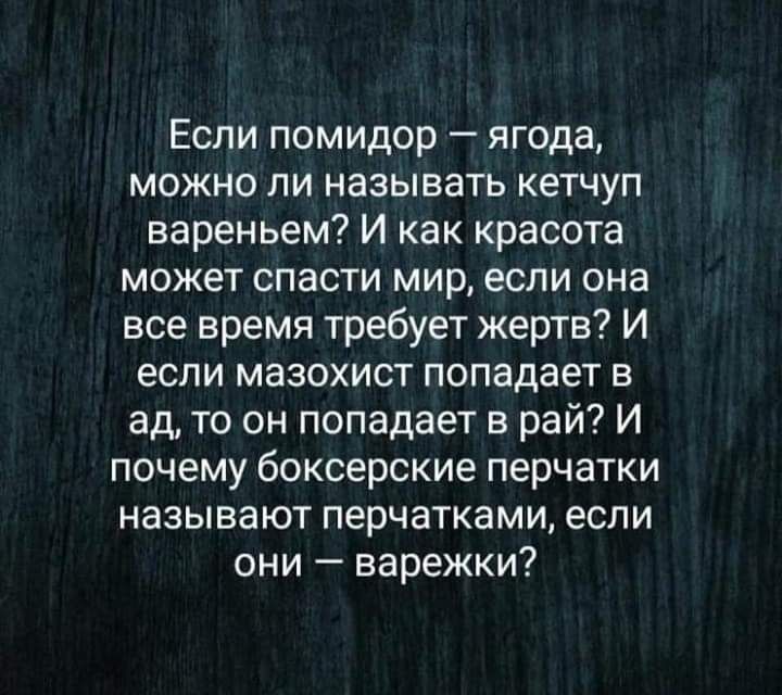 Если помидор ягода можно ли называть кетчуп вареньем И как красота может спасти мир если она все время требует жертв И если мазохист попадает в ад то он попадает в рай И почему боксерские перчатки называют перчатками если они варежки