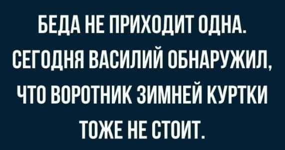 БЕДА НЕ ПРИХПДИТ ОДНА СЕГОДНЯ ВАСИЛИЙ 05НАРУЖИЛ ЧТО ВОРПТНИК ЗИМНЕЙ КУРТКИ ТОЖЕ НЕ СТОИТ