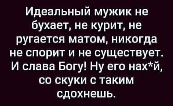 Идеальный мужик не бухает не курит не ругается матом никогда не спорит и не существует И слава Богу Ну его нахй со скуки с таким сдохнешь