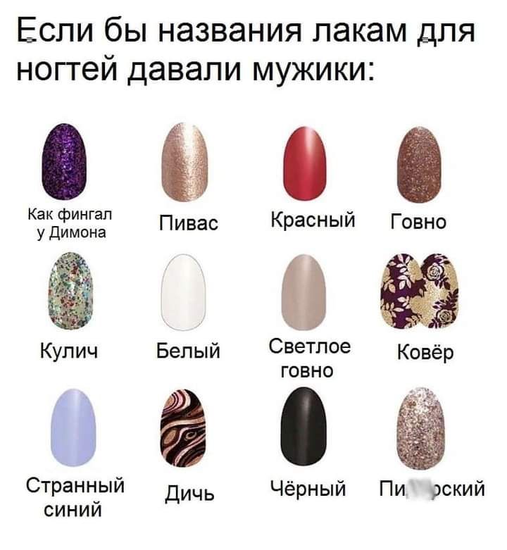 Если бы названия лакам для ногтей давали мужики 090 Как фингал удимшш Пивас Красныи Говно Кулич Белый Светлое говно Странный Дичь Чёрный Пи рский синий