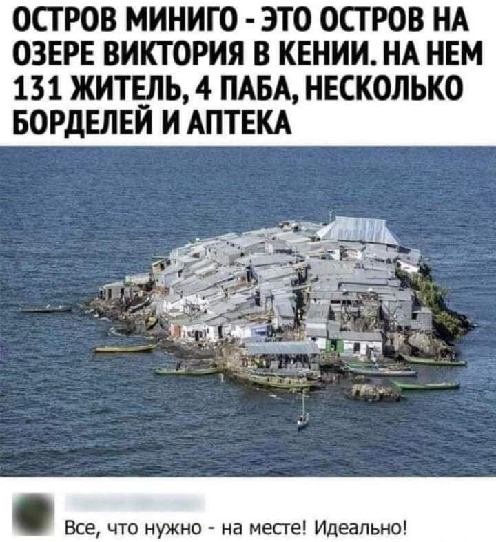 ОСТРОВ МИНИТО ЭТО ОСТРОВ НА ОЗЕРЕ ВИКТОРИЯ В КЕНИИ НА НЕМ 131 ЖИТЕЛЬ 4 ПАБА НЕСКОЛЬКО БОРДЕЛЕИ И АПТЕКА Все что нужно на месге Идеально
