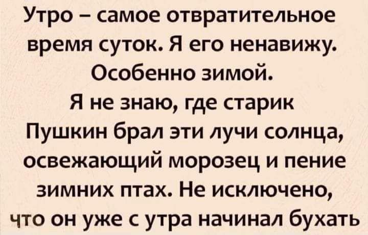 Утро самое отвратительное время суток Я его ненавижу Особенно зимой Я не знаю где старик Пушкин брал эти лучи солнца освежающий морозец и пение зимних птах Не исключено что он уже с утра начинал бухать