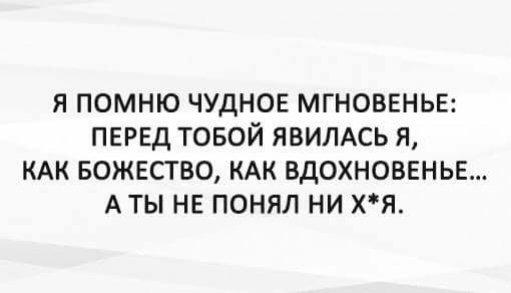 Я ПОМНЮ ЧУДНОЕ МГНОВЕНЬЕ ПЕРЕД ТОБОЙ ЯВИЛАСЬ Я КАК БОЖЕСТВО КАК ВДОХНОВЕНЬЕ АТЫ НЕ ПОНЯЛ НИ ХЯ
